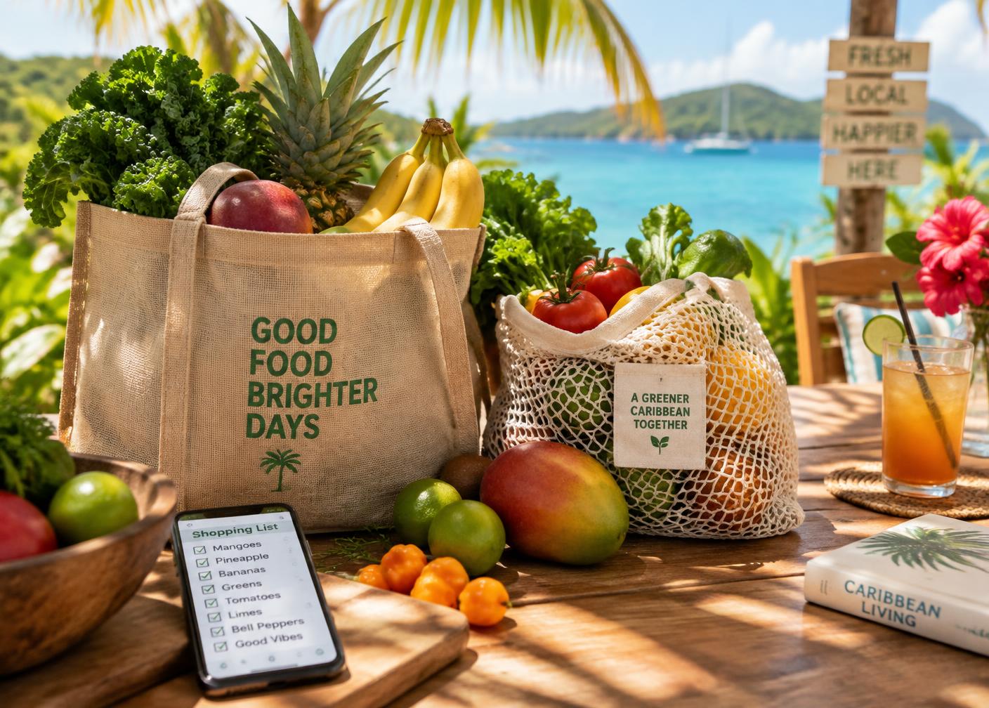 Sacs de courses remplis de fruits et légumes frais à Saint-Martin
